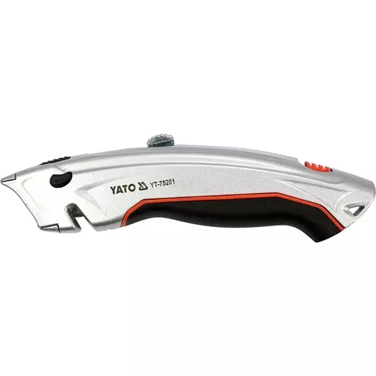 Yato Utility Cutter with Trapezoid Blade Made of SK5 Zinc Alloy, TPR, ABS Casing Material and 61x33x0.5 mm Blade Size, YT-75201