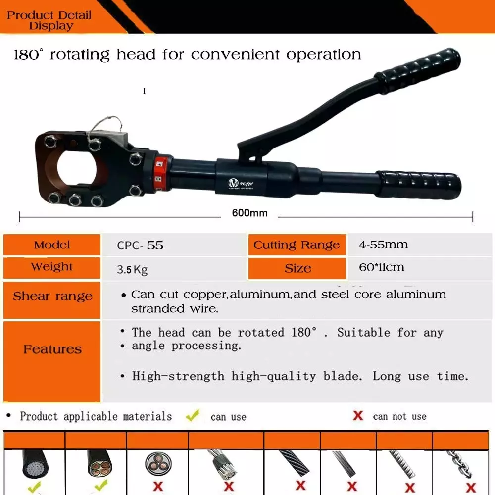 Voltz Hydraulic Cable Cutter High Carbon Alloy Steel Blade, Upto 55 mm Cutting Capacity and 180° Rotatable Head, VZ-CPC-55
