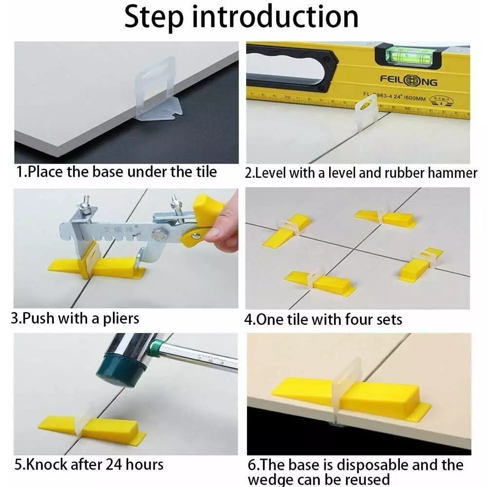 FLAMINGO ENTERPRISE Premium Tile Leveling System Kit 100 Wedge and 200 Clips Non-Magnetic Yellow & White 4 mm Clip 5 cm Length, FM-495