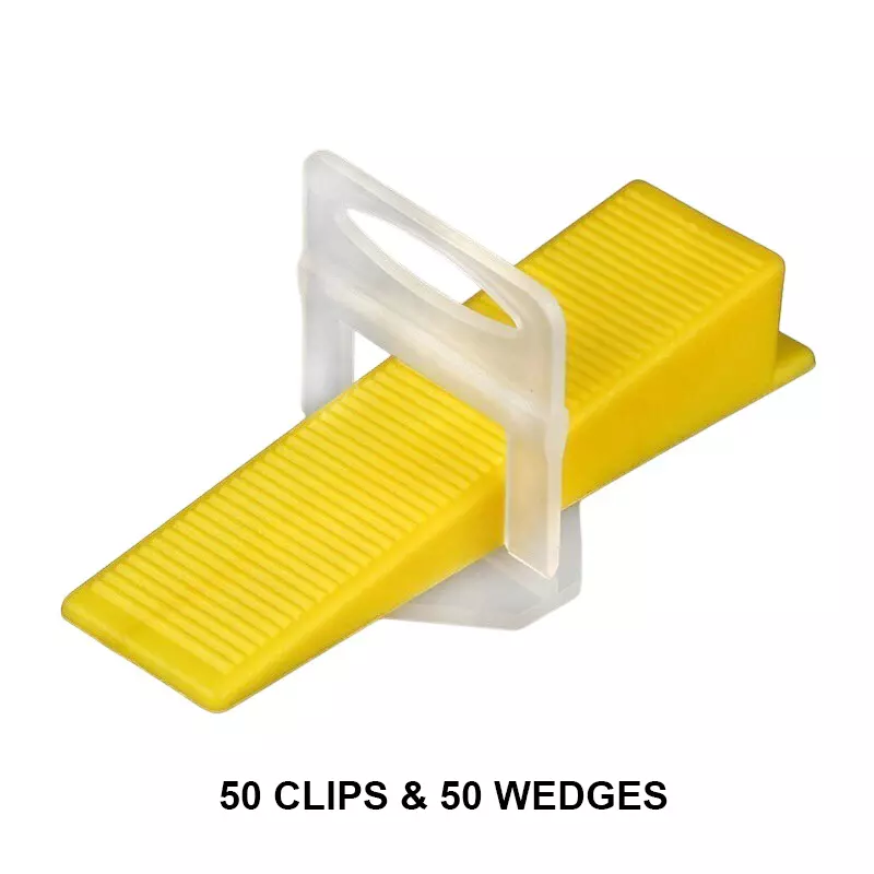 TileMaster 50 Pcs Tile Leveling Spacer Clip with 50 Wedges 3 mm Non-Magnetic Durable Plastic Yellow & White 5 cm Length TM-218