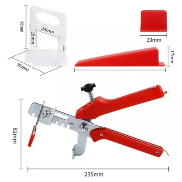 FLAMINGO ENTERPRISE Tile Leveling System Kit 200 Clips, 100 Wedges, 1 Piece Palayer with Lever Tool Non-Magnetic Red & White 9.5 cm Length, FM-522