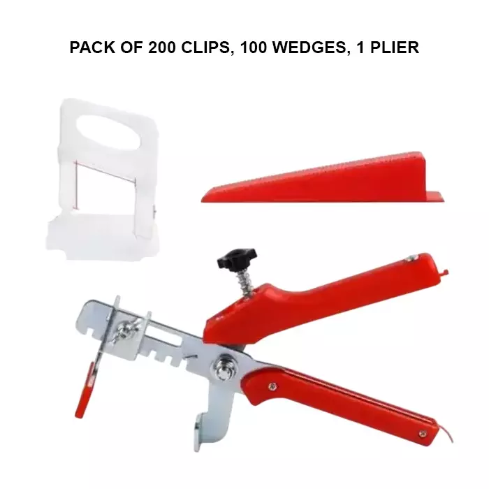 FLAMINGO ENTERPRISE Tile Leveling System Kit 200 Clips, 100 Wedges, 1 Piece Palayer with Lever Tool Non-Magnetic Red & White 9.5 cm Length, FM-522
