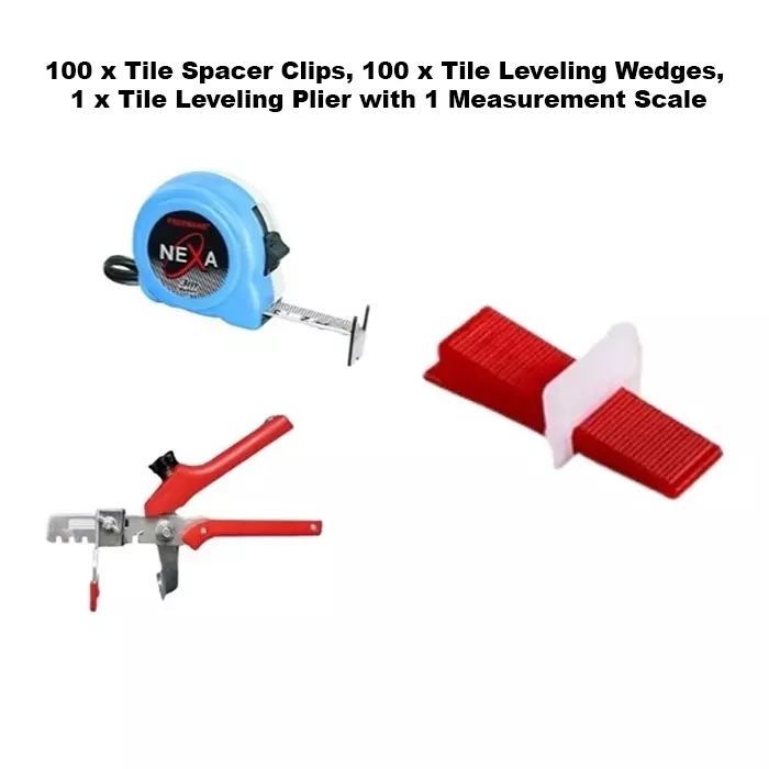 FLAMINGO ENTERPRISE Tile Leveler Kit 100 Pcs Wedge, 100 Clip Spacer, Plier & Measurement Scale Combo 3 mm Durable Plastic & Alloy Multiple Color 7 cm Length, FM-438