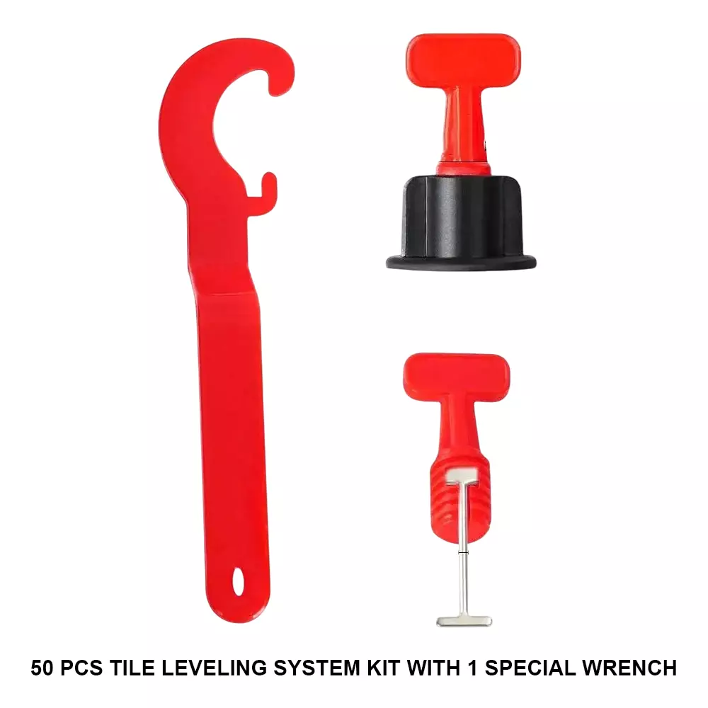 TileMaster 50 Pcs Reusable Adjustable Tile Leveling System Kit with 1 Special Wrench Non-Magnetic Durable Plastic Black & Red 30 cm Length, TM-95