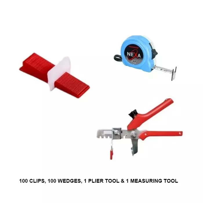 TileMaster 100 Pcs Tile Leveling Spacer Clip with 100 Wedges, 1 Plier & 1 Measuring Tool Combo 3 mm Non-Magnetic Durable Plastic Multiple Color 7 cm Length TM-168