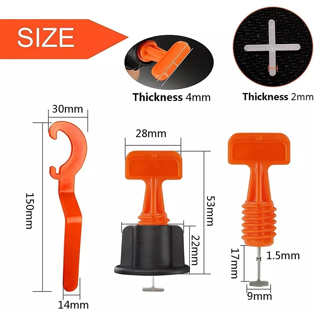 TileMaster 50 Pcs Reusable Adjustable Tile Leveling System Kit with 1 Special Wrench Non-Magnetic Durable Plastic Black & Orange 22 mm Length, TM-180