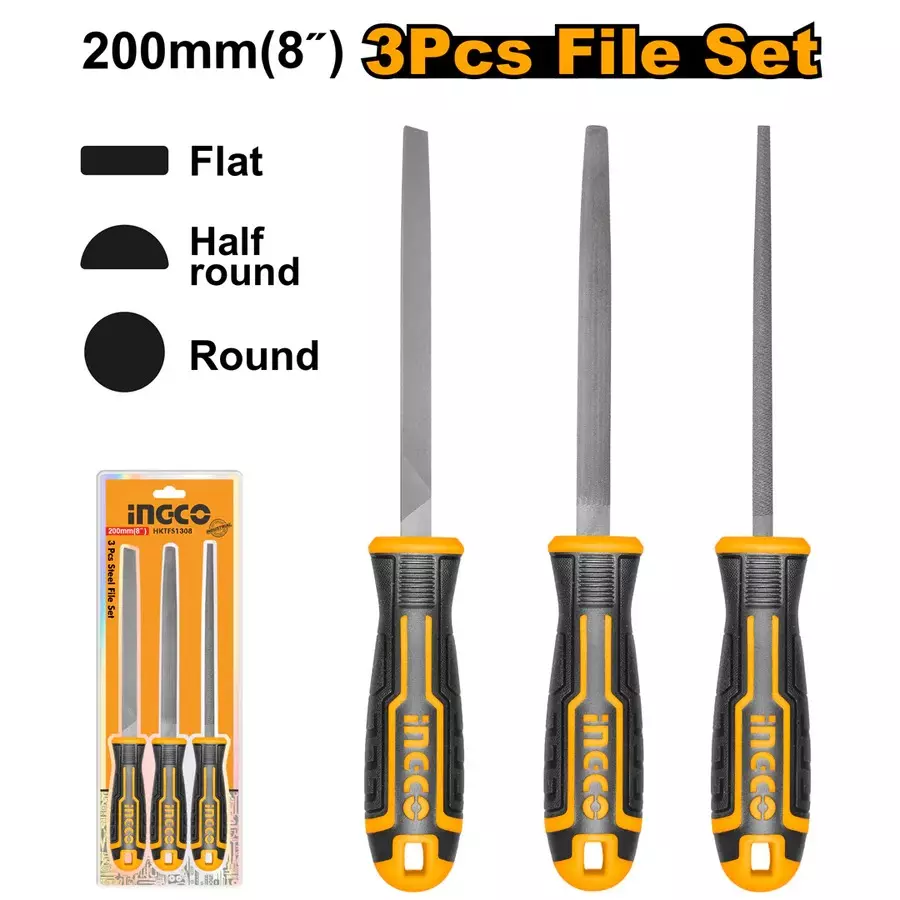 Ingco T12 Steel File Set Size 8 inch (200mm) for Sharpening Knives, HKTFS1308 (Set of 3)