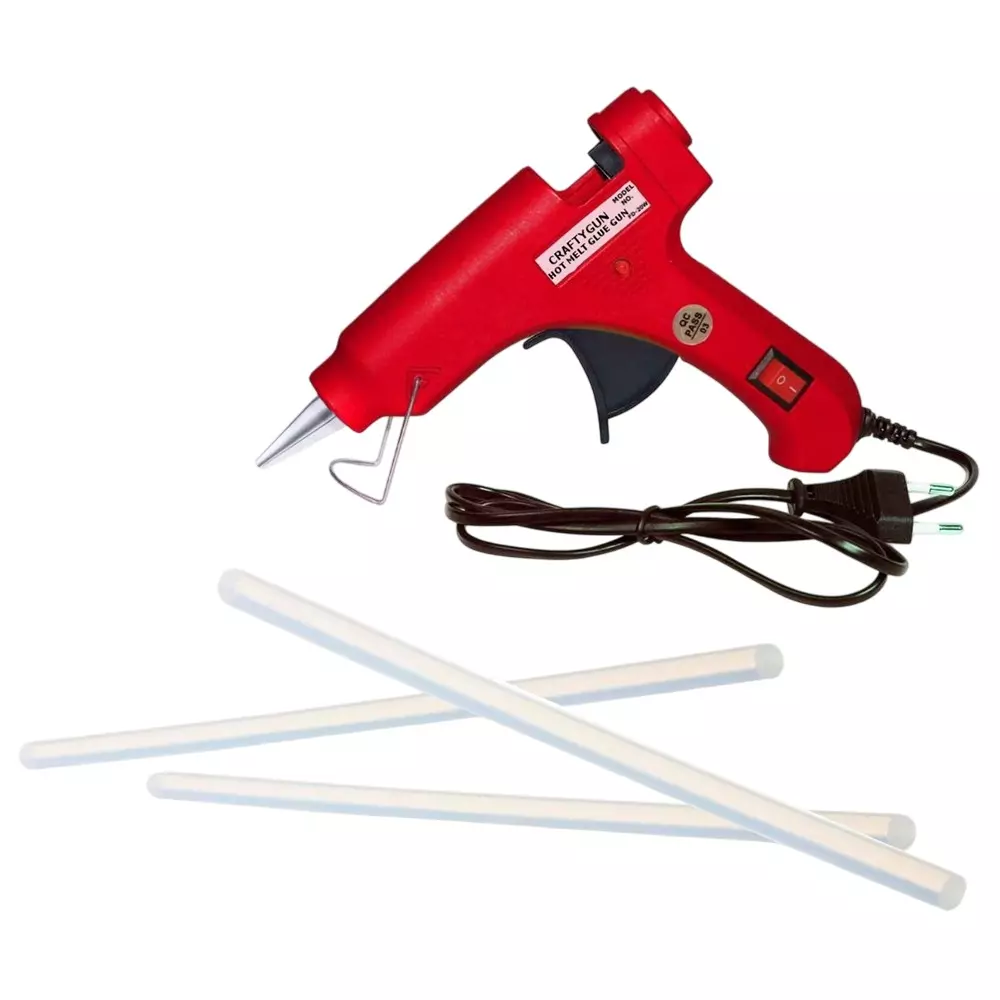 CRAFTYGUN 20 W Standard Temperature Glue Gun with 3 Sticks ON OFF Switch & Indicator 7 mm Stick Diameter Red, (RED)MINI-20WWT-3-ST