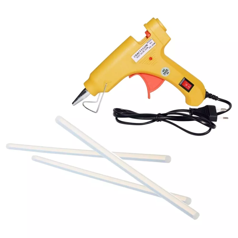 CRAFTYGUN 20 W Standard Temperature Glue Gun with 3 Sticks ON OFF Switch & Indicator 7 mm Stick Diameter Yellow, (YEELOO)MINI-20WWT-3-ST