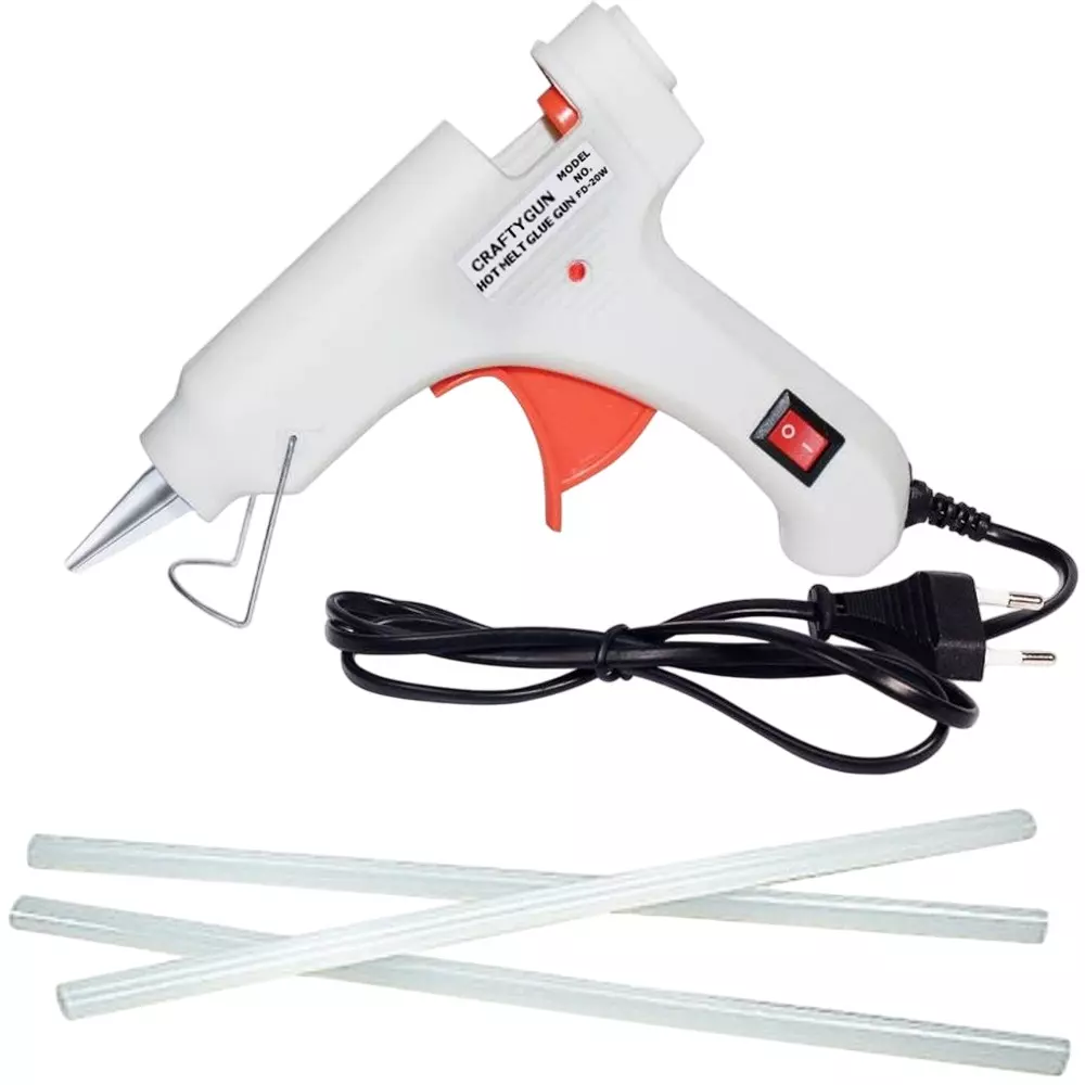 CRAFTYGUN 20 W Standard Temperature Mini Glue Gun with 3 Sticks White 7 mm Stick Diameter, WHHITEE--MINI-3-STKKS-20WT
