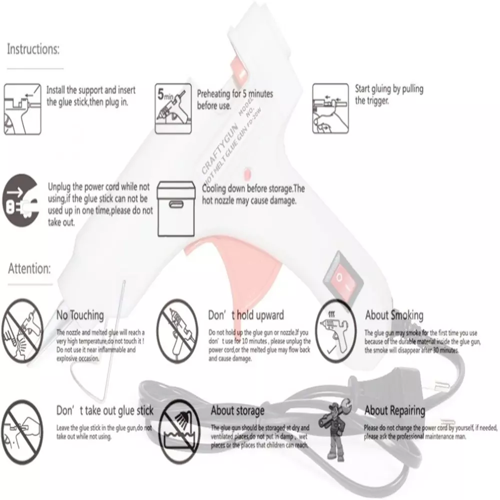 CRAFTYGUN 20 W Standard Temperature Mini Glue Gun with 4 Sticks White 7 mm Stick Diameter, WHHITEE--MINI-4-STKKS-20WT