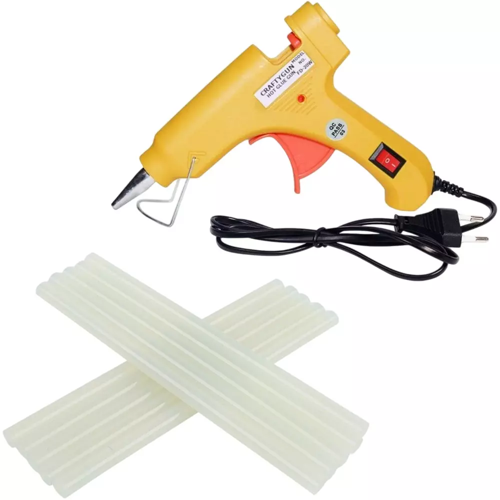 CRAFTYGUN 20 W Standard Temperature Mini Glue Gun with 10 Sticks Yellow 7 mm Stick Diameter, YELOWW--MINI-10-STKKS-20WT