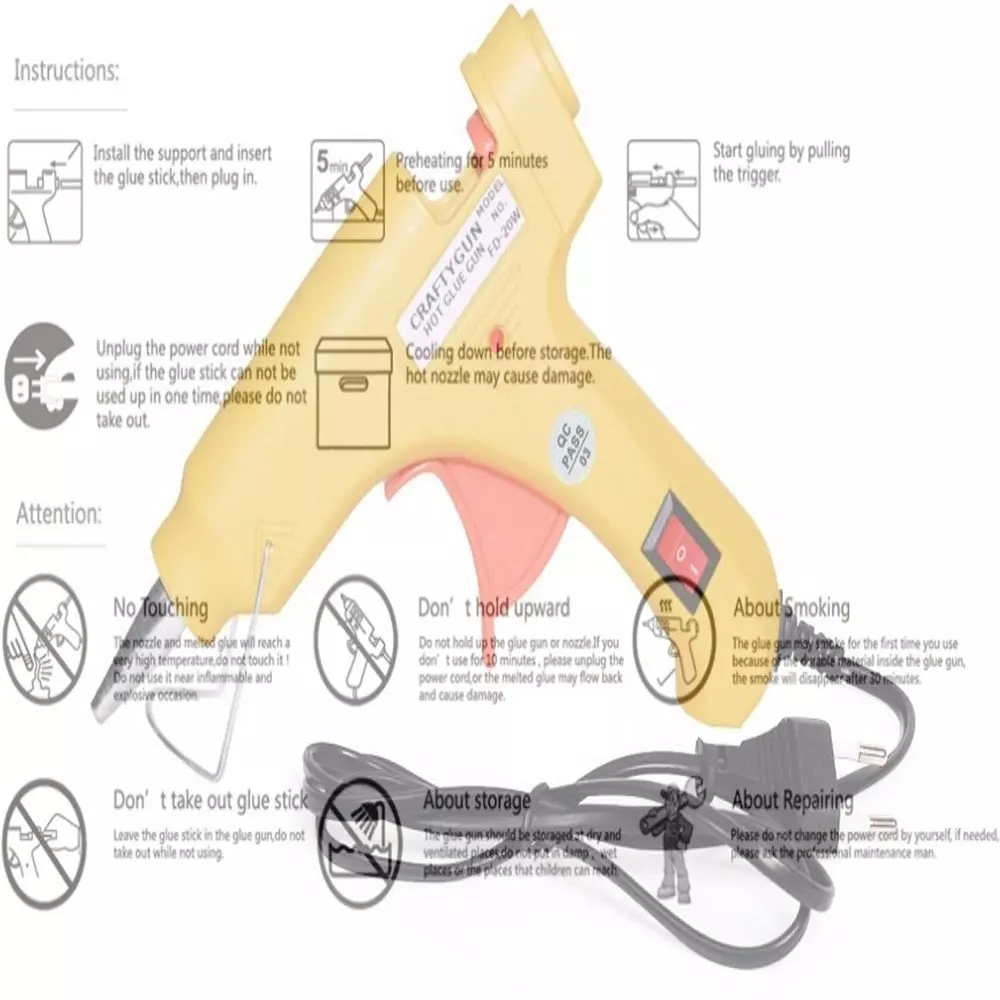 CRAFTYGUN 20 W Standard Temperature Mini Glue Gun with 10 Sticks Yellow 7 mm Stick Diameter, YELOWW--MINI-10-STKKS-20WT