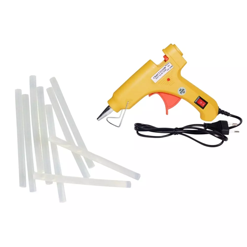 CRAFTYGUN 20 W Standard Temperature Mini Glue Gun with 9 Sticks Yellow 7 mm Stick Diameter, YELOWW--MINI-9-STKKS-20WT