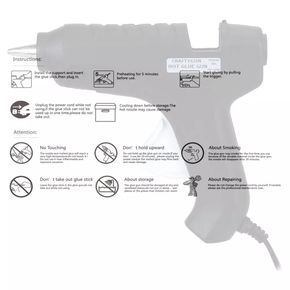 CRAFTYGUN 40 W Standard Temperature Hot Glue Gun with 1 Stick Black 11 mm Stick Dia., BLACK40-WT-CRAFTYGUN-1ST