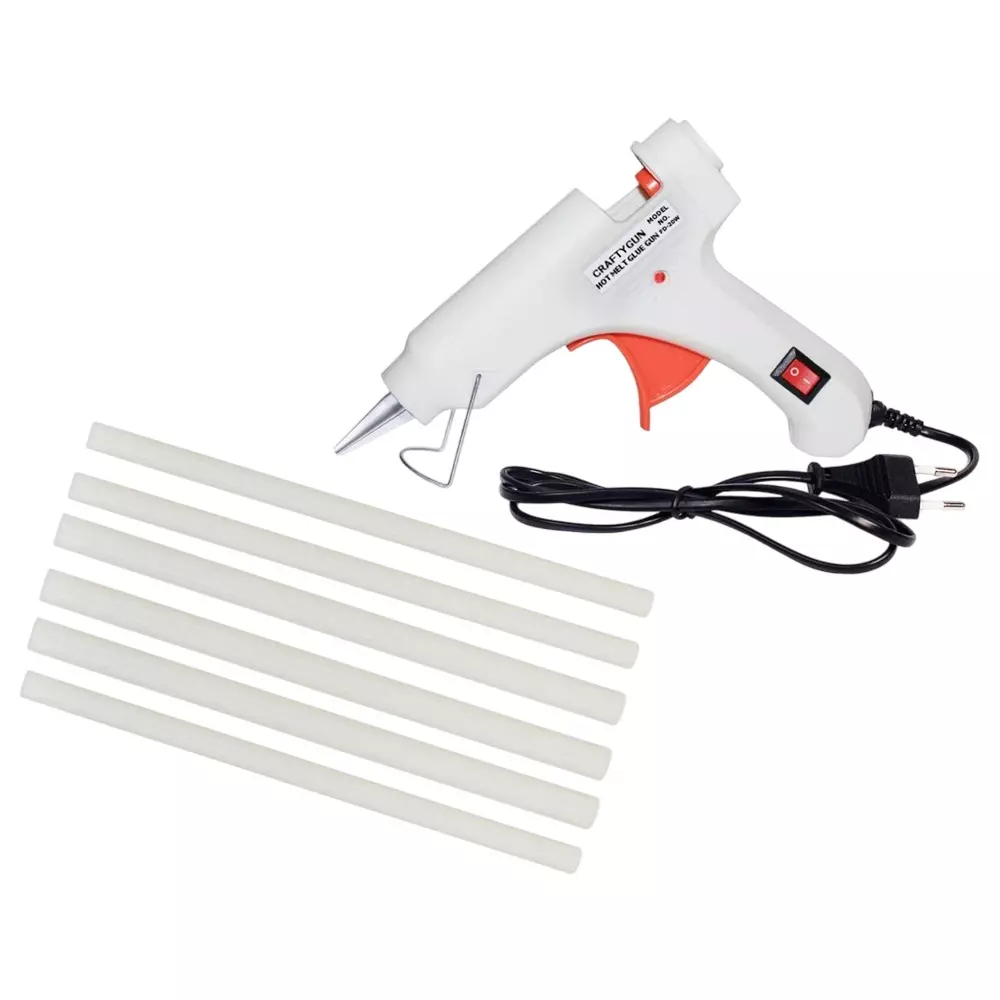 CRAFTYGUN 20 W Standard Temperature Mini Glue Gun with 6 Sticks White 7 mm Stick Diameter, WHHITEE--MINI-6-STKKS-20WT