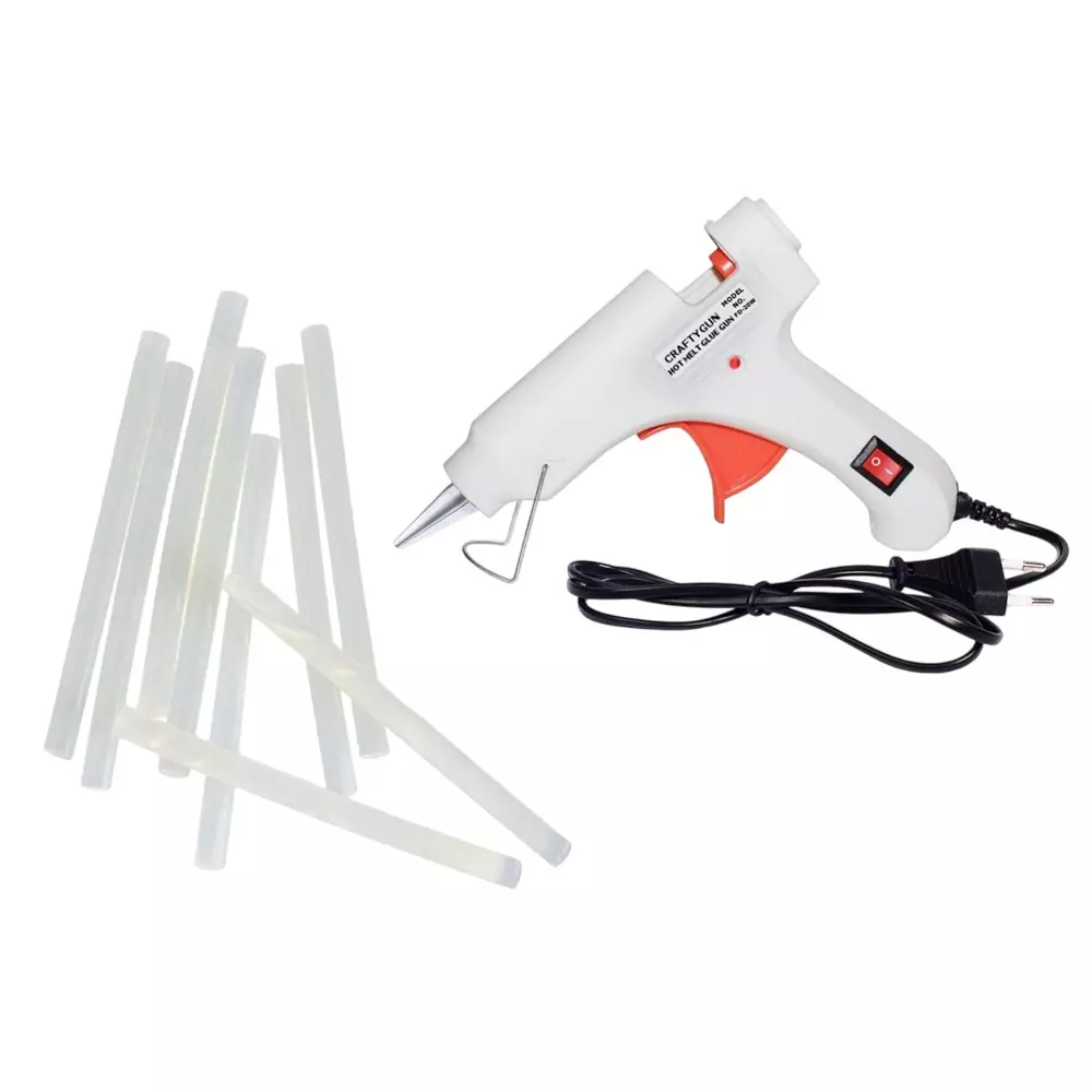 CRAFTYGUN 20 W Standard Temperature Mini Glue Gun with 9 Sticks White 7 mm Stick Diameter, WHHITEE--MINI-9-STKKS-20WT