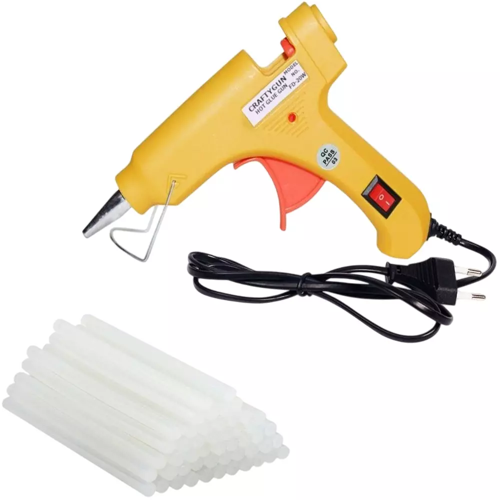 CRAFTYGUN 20 W Standard Temperature Mini Glue Gun with 40 Sticks Yellow 7 mm Stick Diameter, YELOWW--MINI-40-STKKS-20WT