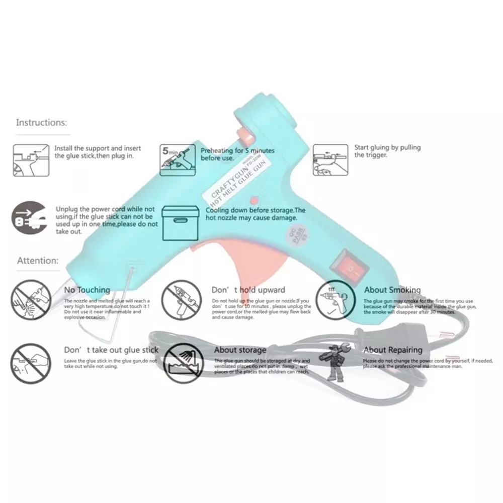CRAFTYGUN 20 W Standard Temperature Glue Gun with 15 Sticks ON OFF Switch & Indicator 7 mm Stick Diameter Turquoise, (TURQISS)MINI-20WWT-15-ST