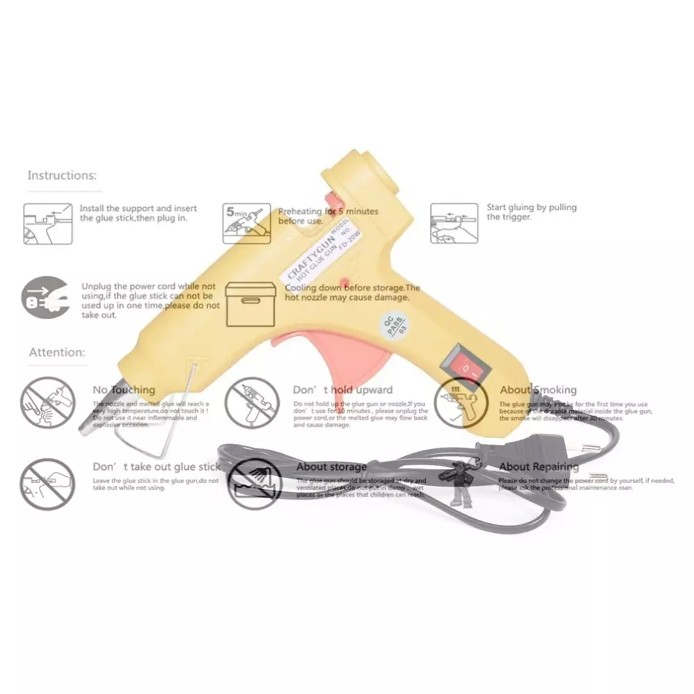 CRAFTYGUN 20 W Glue Gun with 15 Sticks ON OFF Switch & Indicator 7 mm Stick Diameter Yellow, SH_(YEELOO)MINI-20WWT-15-ST