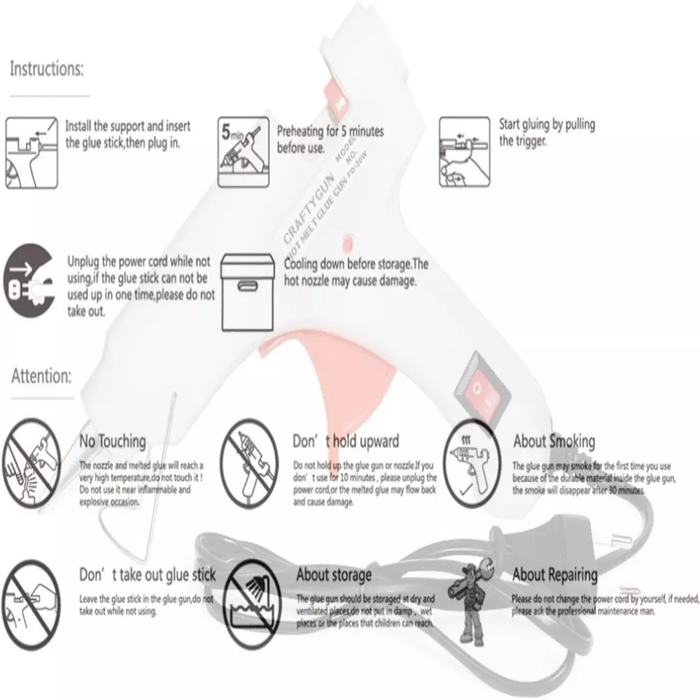 CRAFTYGUN 20 W Mini Glue Gun with 10 Sticks White 7 mm Stick Diameter, SH_WHHITEE--MINI-10-STKKS-20WT