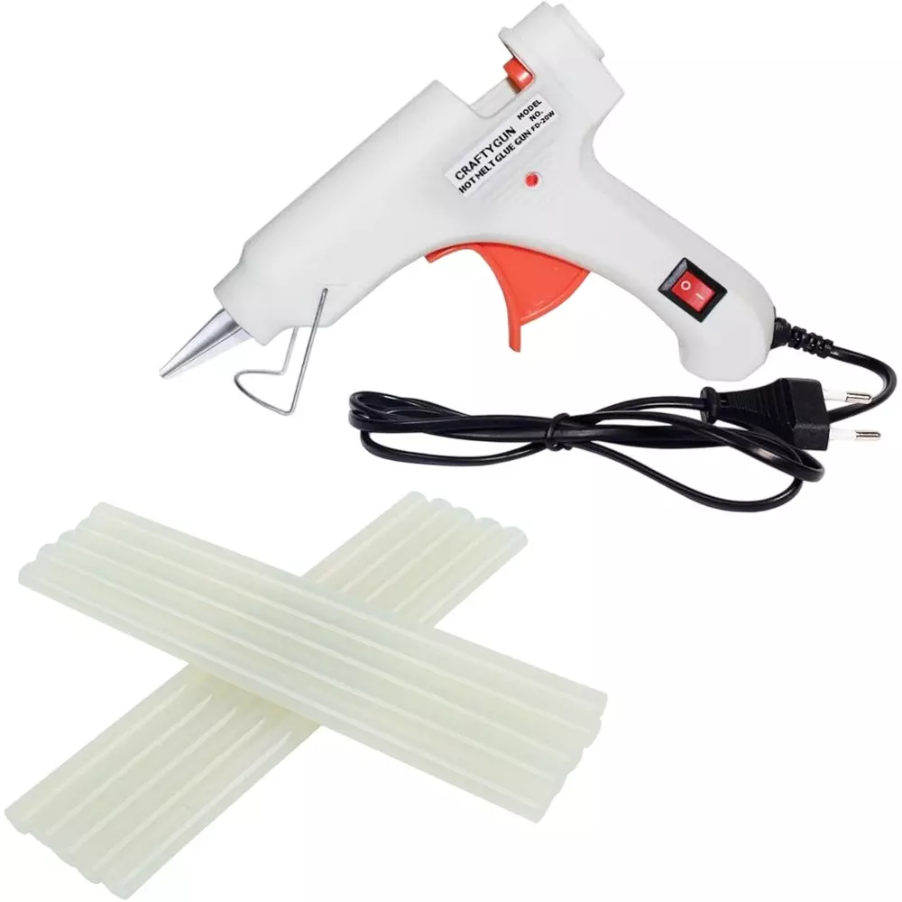 CRAFTYGUN 20 W Standard Temperature Mini Glue Gun with 10 Sticks White 7 mm Stick Diameter, WHHITEE--MINI-10-STKKS-20WT
