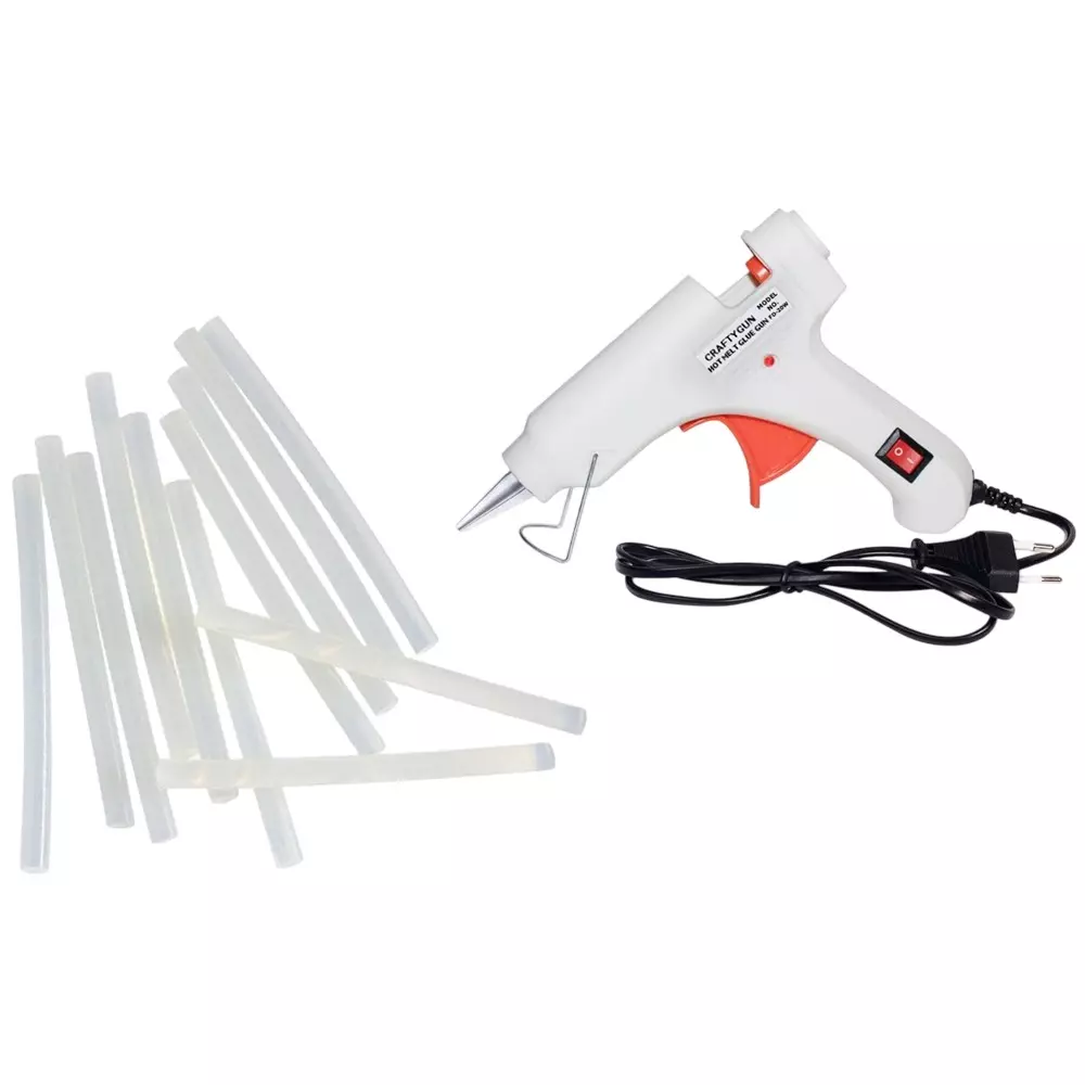 CRAFTYGUN 20 W Standard Temperature Mini Glue Gun with 12 Sticks White 7 mm Stick Diameter, WHHITEE--MINI-12-STKKS-20WT