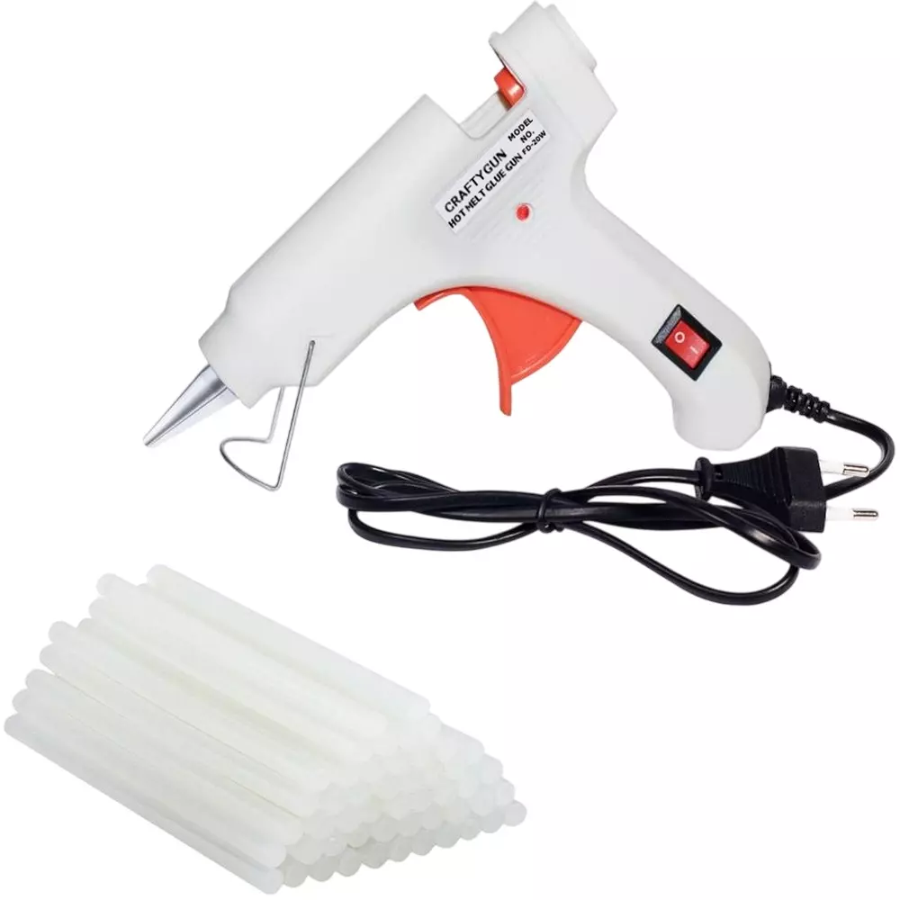 CRAFTYGUN 20 W Standard Temperature Mini Glue Gun with 40 Sticks White 7 mm Stick Diameter, WHHITEE--MINI-40-STKKS-20WT