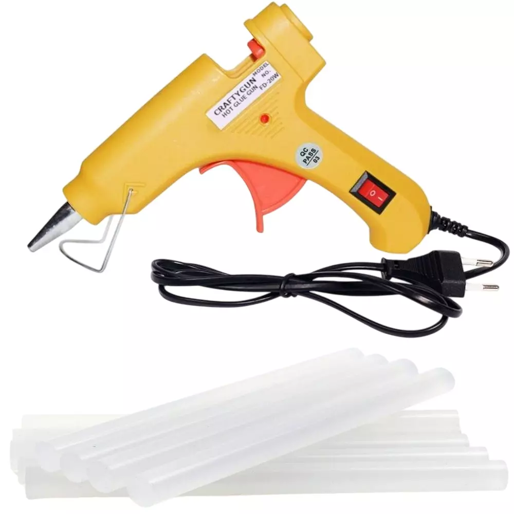 CRAFTYGUN 20 W Standard Temperature Mini Glue Gun with 8 Sticks Yellow 7 mm Stick Diameter, YELOWW--MINI-8-STKKS-20WT
