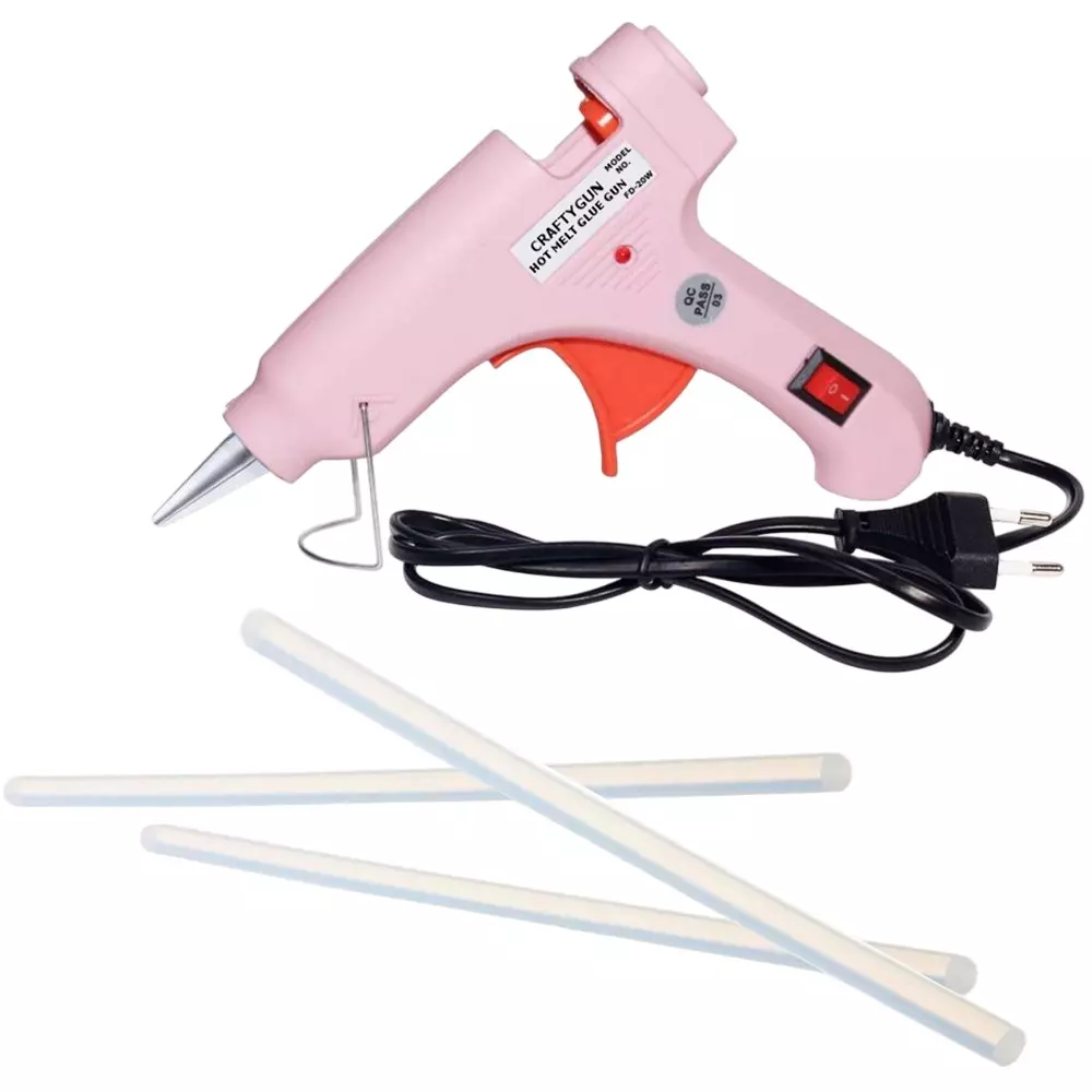 CRAFTYGUN 20 W Glue Gun with 3 Sticks ON OFF Switch & Indicator 7 mm Stick Diameter Pink, SH_(PINK)MINI-20WWT-3-ST
