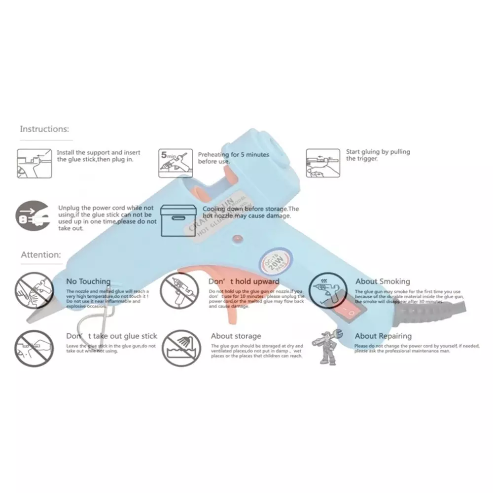 CRAFTYGUN 20 W Glue Gun with 1 Stick ON OFF Switch & Indicator 7 mm Stick Diameter Sky Blue, SH_(SKYBLUE)MINI-20WWT-1-ST