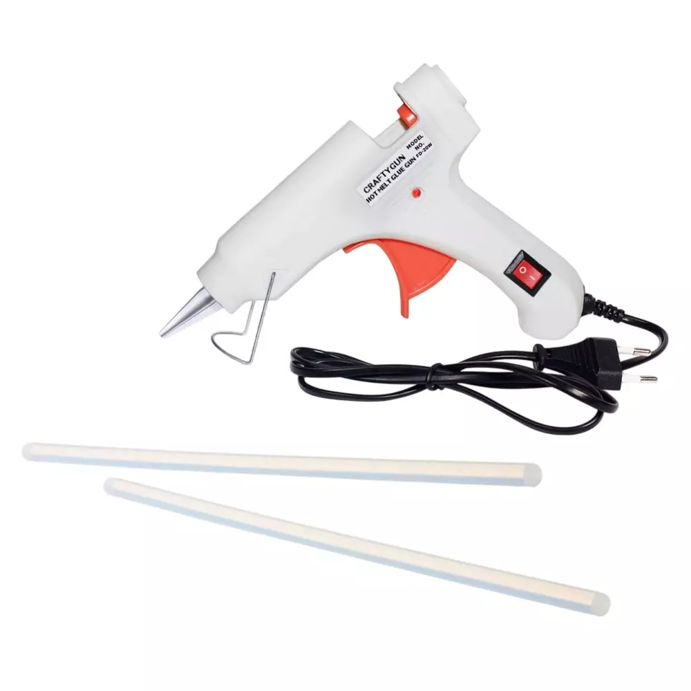 CRAFTYGUN 20 W Standard Temperature Glue Gun with 2 Sticks ON OFF Switch & Indicator 7 mm Stick Diameter White, (WHITEE)MINI-20WWT-2-ST