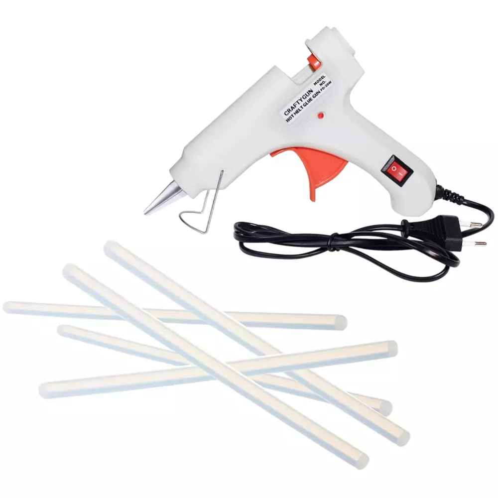 CRAFTYGUN 20 W Standard Temperature Glue Gun with 5 Sticks ON OFF Switch & Indicator 7 mm Stick Diameter White, (WHITEE)MINI-20WWT-5-ST