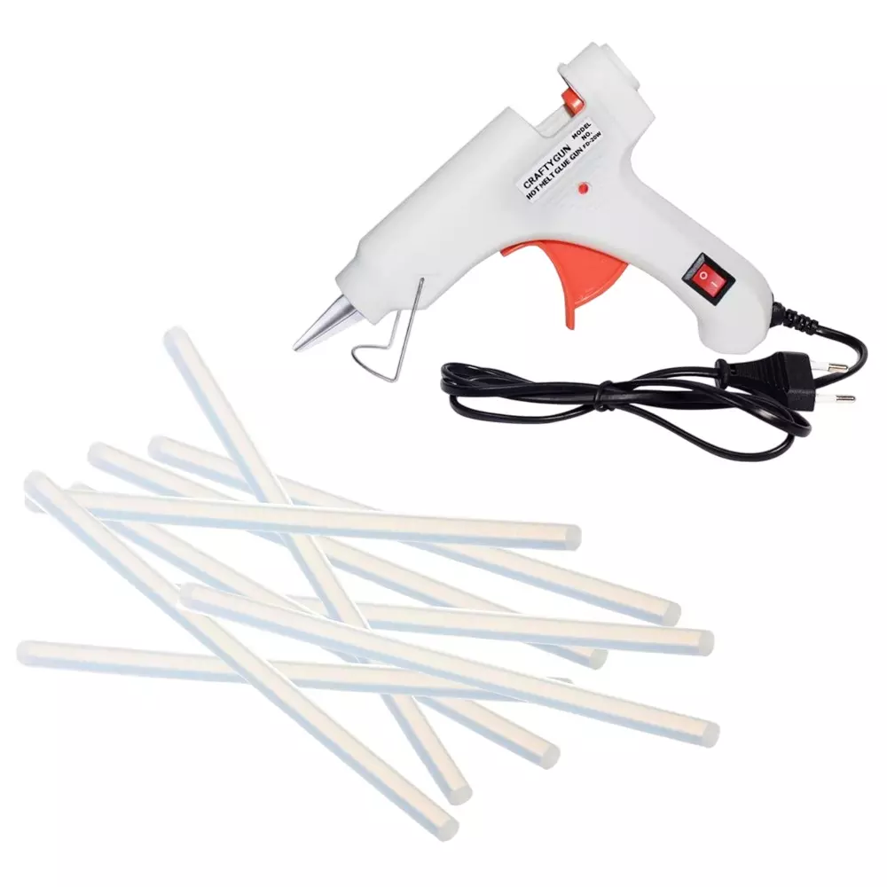 CRAFTYGUN 20 W Standard Temperature Glue Gun with 9 Sticks ON OFF Switch & Indicator 7 mm Stick Diameter White, (WHITEE)MINI-20WWT-9-ST