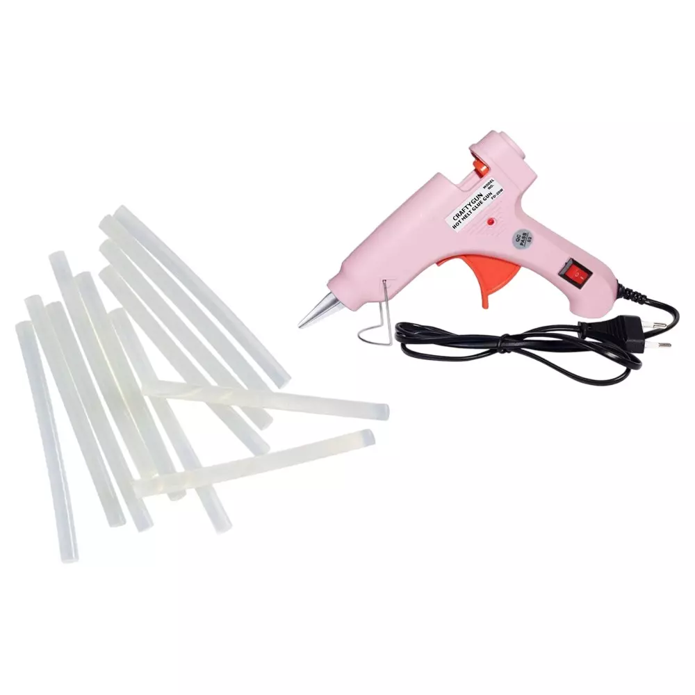 CRAFTYGUN 20 W Standard Temperature Mini Glue Gun with 12 Sticks Pink 7 mm Stick Diameter, PPIINK--MINI-12-STKKS-20WT