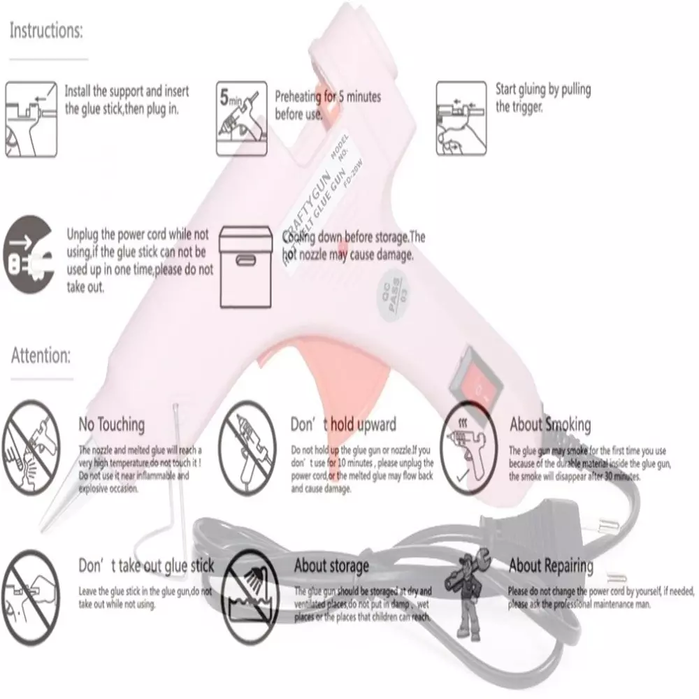 CRAFTYGUN 20 W Standard Temperature Mini Glue Gun with 12 Sticks Pink 7 mm Stick Diameter, PPIINK--MINI-12-STKKS-20WT