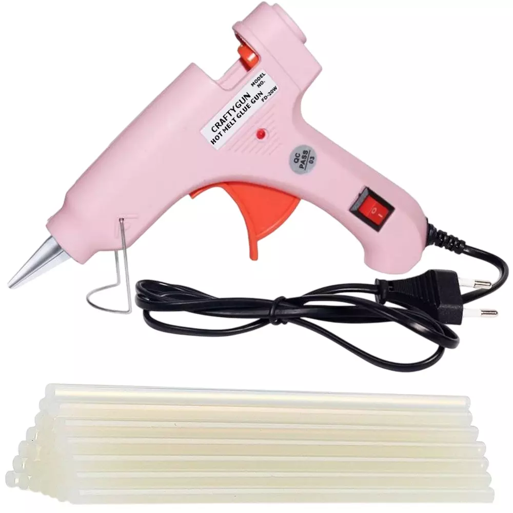 CRAFTYGUN 20 W Standard Temperature Mini Glue Gun with 20 Sticks Pink 7 mm Stick Diameter, PPIINK--MINI-20-STKKS-20WT