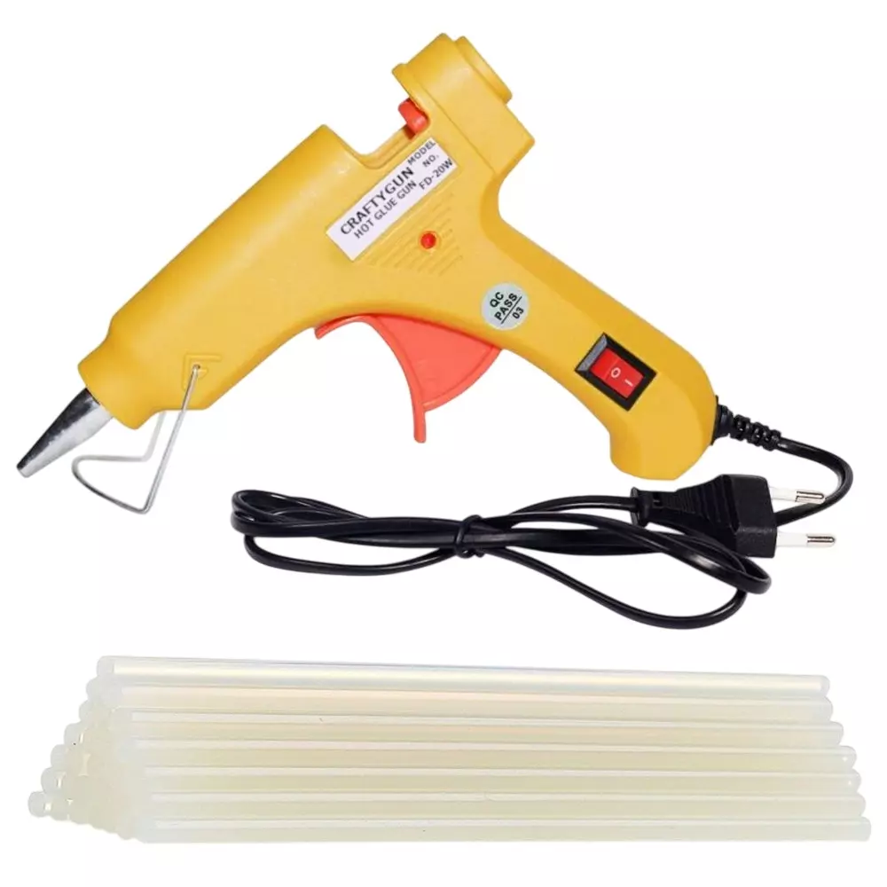 CRAFTYGUN 20 W Standard Temperature Mini Glue Gun with 20 Sticks Yellow 7 mm Stick Diameter, YELOWW--MINI-20-STKKS-20WT
