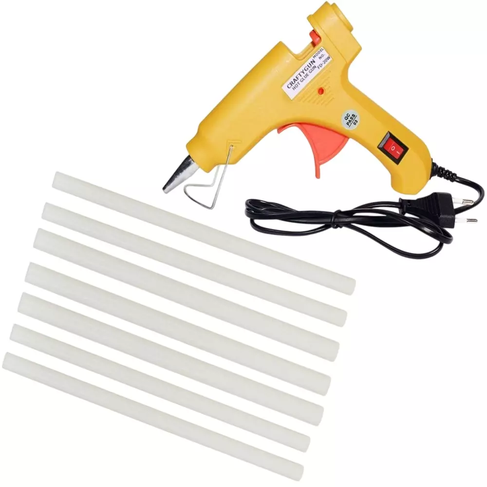 CRAFTYGUN 20 W Standard Temperature Mini Glue Gun with 7 Sticks Yellow 7 mm Stick Diameter, YELOWW--MINI-7-STKKS-20WT