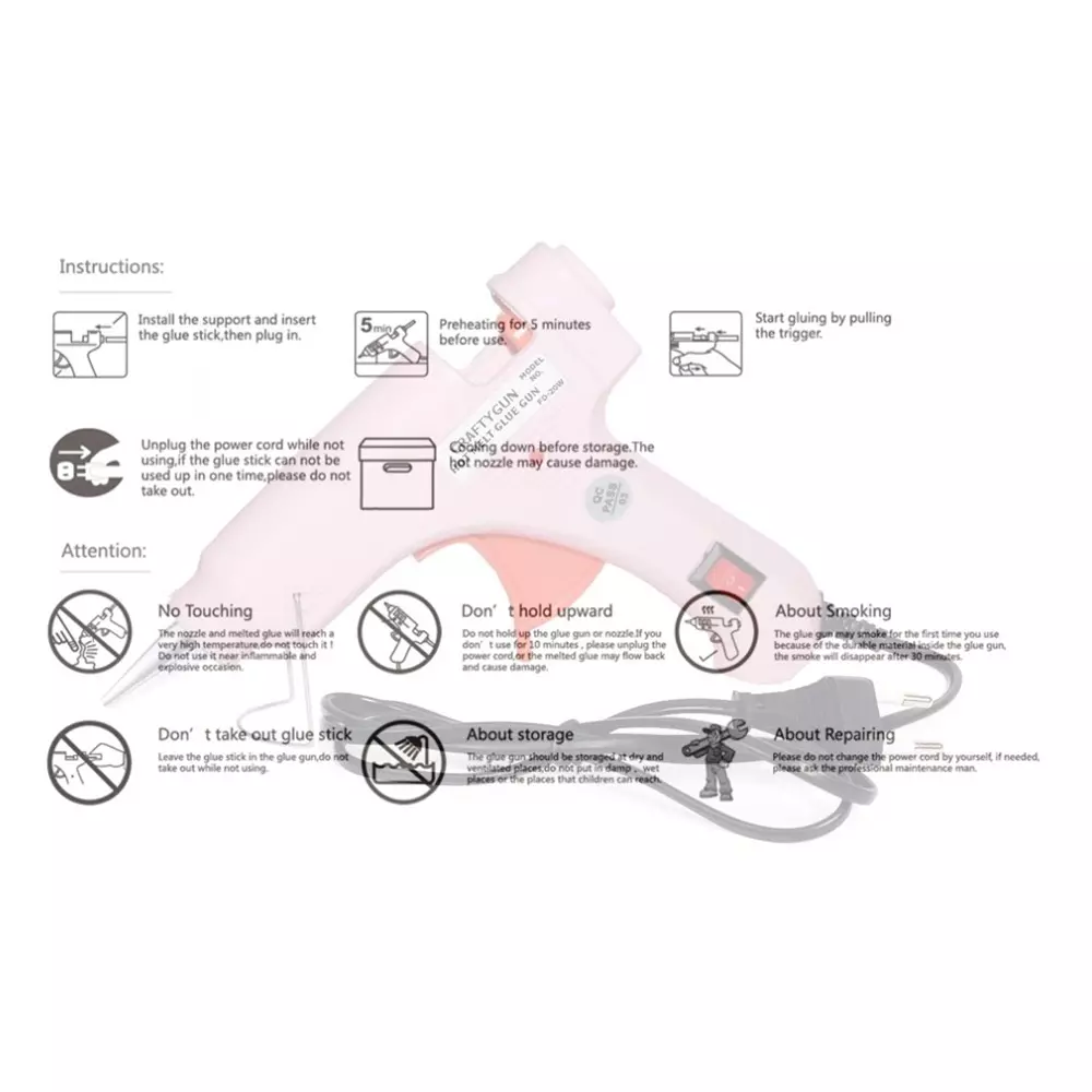 CRAFTYGUN 20 W Standard Temperature Glue Gun with 2 Sticks ON OFF Switch & Indicator 7 mm Stick Diameter Pink, (PINK)MINI-20WWT-2-ST