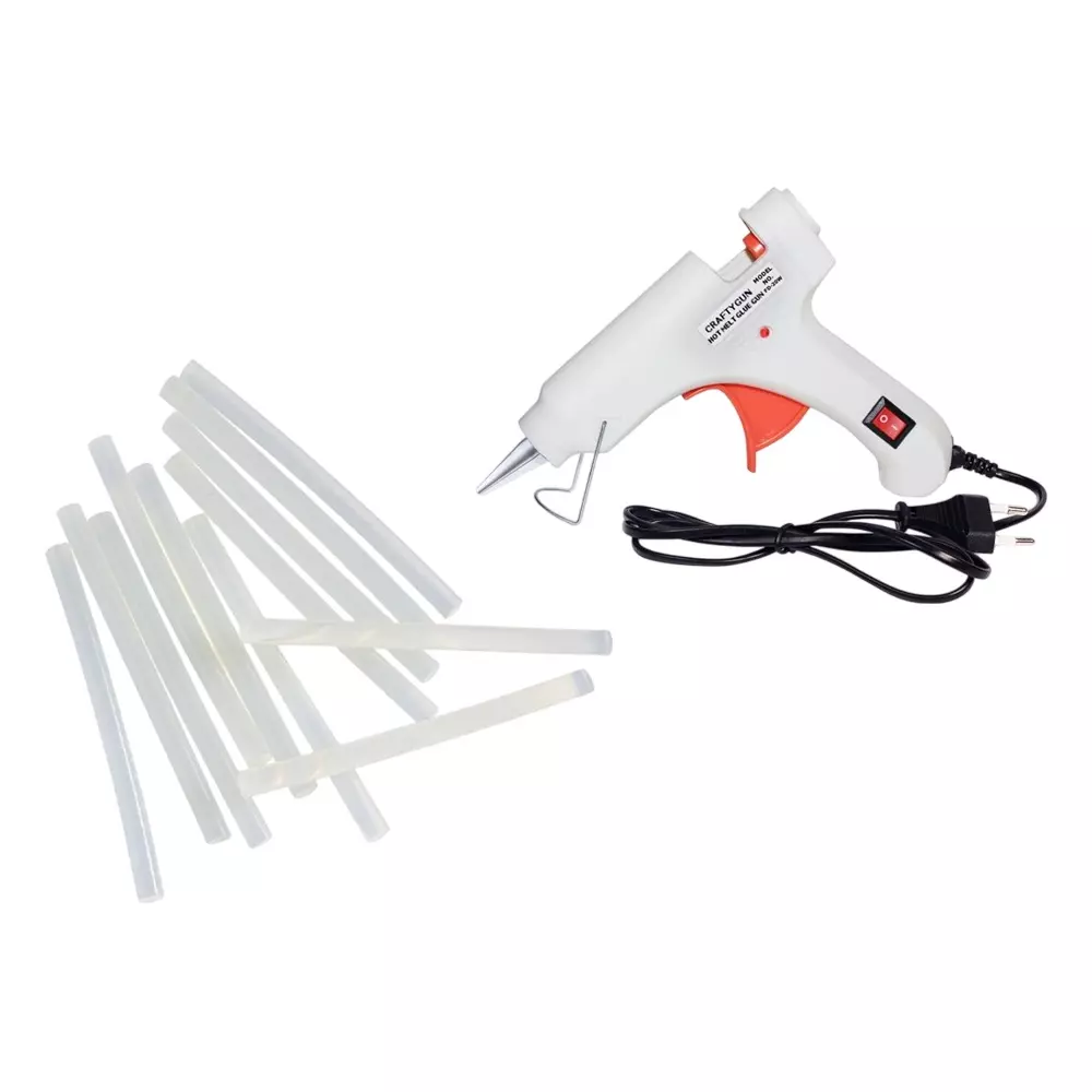 CRAFTYGUN 20 W Standard Temperature Glue Gun with 12 Sticks ON OFF Switch & Indicator 7 mm Stick Diameter White, (WHITEE)MINI-20WWT-12-ST
