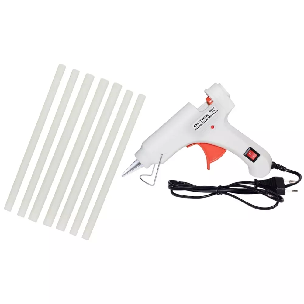 CRAFTYGUN 20 W Standard Temperature Mini Glue Gun with 7 Sticks White 7 mm Stick Diameter, WHHITEE--MINI-7-STKKS-20WT
