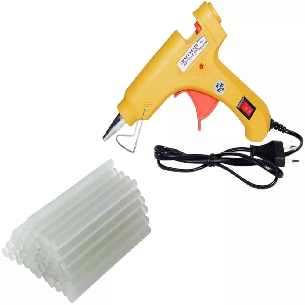 CRAFTYGUN 20 W Standard Temperature Mini Glue Gun with 25 Sticks Yellow 7 mm Stick Diameter, YELOWW--MINI-25-STKKS-20WT