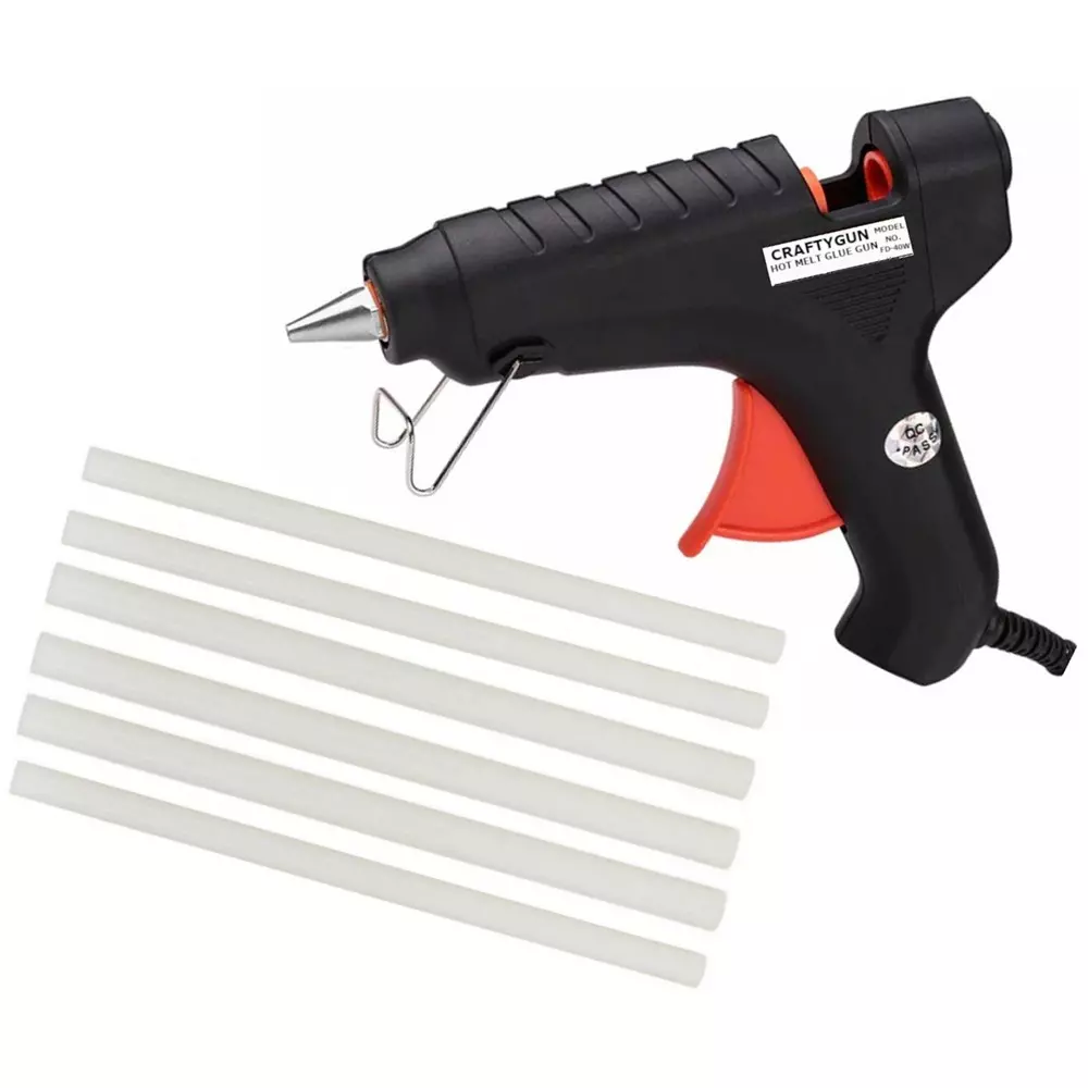 CRAFTYGUN 40 W Standard Temperature Hot Melt Glue Gun with 6 Stick Black 11 mm Stick Dia., BLACK40W-6ST-(RED-TRIGGER)-(CRAFTY-GUN)