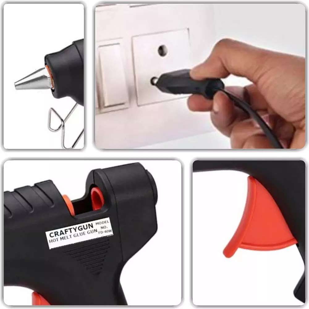 CRAFTYGUN 40 W Standard Temperature Hot Melt Glue Gun with 6 Stick Black 11 mm Stick Dia., BLACK40W-6ST-(RED-TRIGGER)-(CRAFTY-GUN)