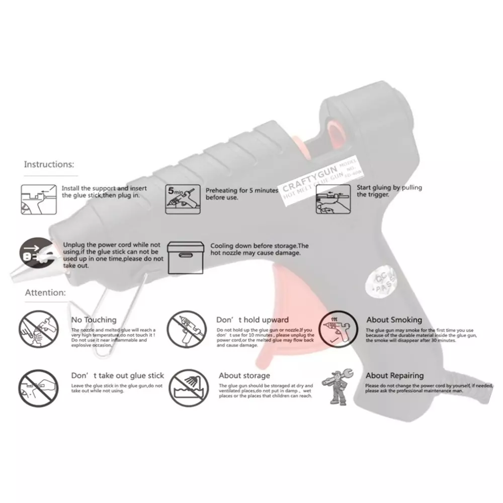 CRAFTYGUN 40 W Standard Temperature Hot Melt Glue Gun with 6 Stick Black 11 mm Stick Dia., BLACK40W-6ST-(RED-TRIGGER)-(CRAFTY-GUN)