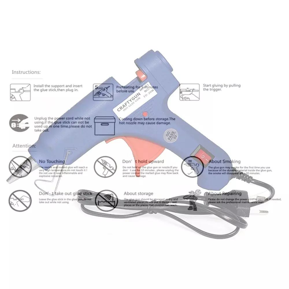 CRAFTYGUN 20 W Standard Temperature Glue Gun with 12 Sticks ON OFF Switch & Indicator 7 mm Stick Diameter Blue, BLMINI-20WWT-12-ST