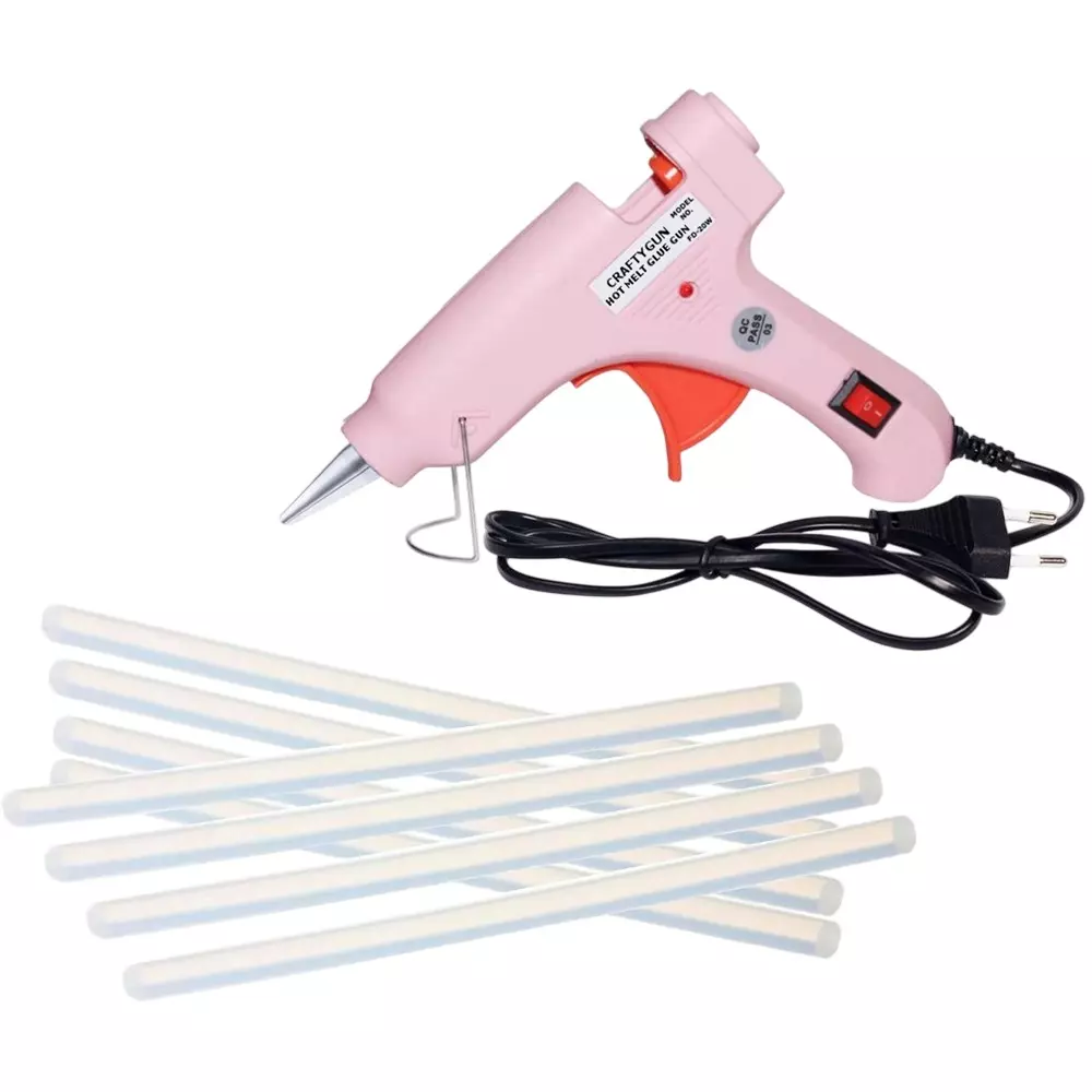 CRAFTYGUN 20 W Standard Temperature Glue Gun with 8 Sticks ON OFF Switch & Indicator 7 mm Stick Diameter Pink, (PPPINK)MINI-20WWT-8-ST