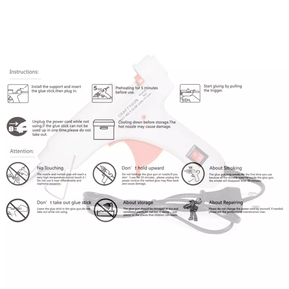 CRAFTYGUN 20 W Glue Gun with 5 Sticks ON OFF Switch & Indicator 7 mm Stick Diameter White, SH_(WHITEE)MINI-20WWT-5-ST