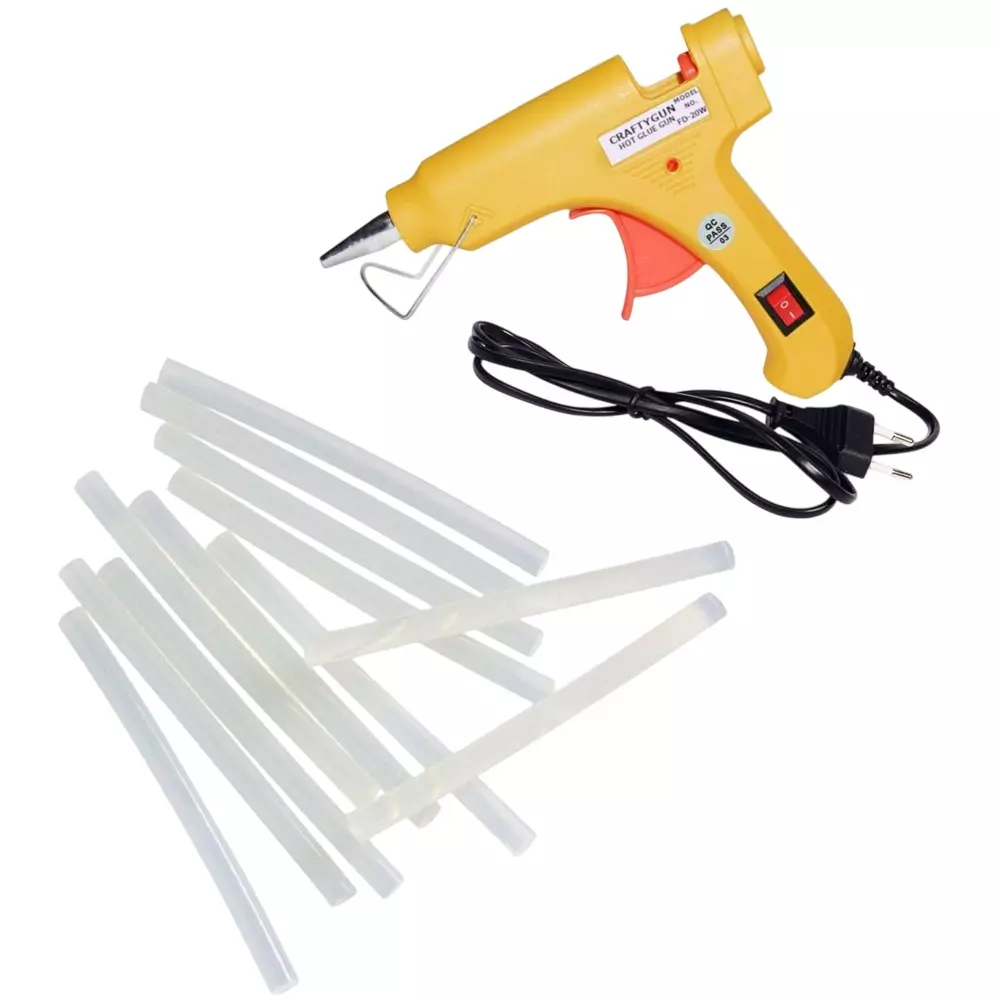 CRAFTYGUN 20 W Standard Temperature Glue Gun with 12 Sticks ON OFF Switch & Indicator 7 mm Stick Diameter Yellow, (YEELOO)MINI-20WWT-12-ST